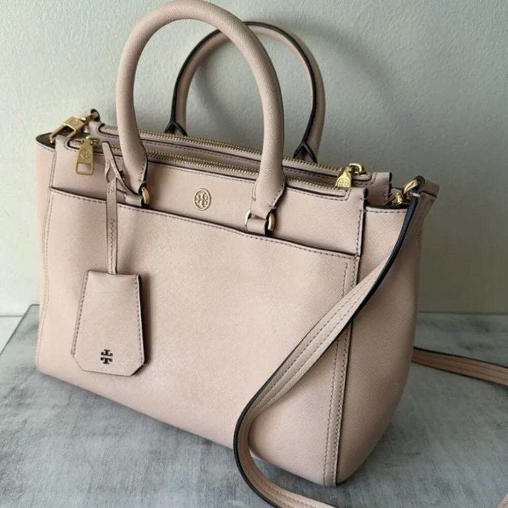 Tory Burch Double Zip Saffiano Leather Pink Tote Handbag Cossbody